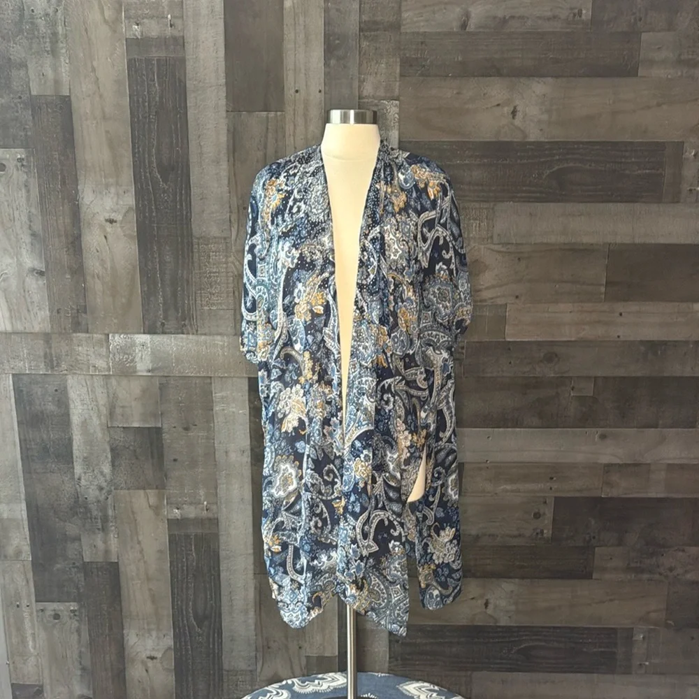 NWT! Blue floral paisley Kimono OS sparkly rhinestones dark feminine resortwear